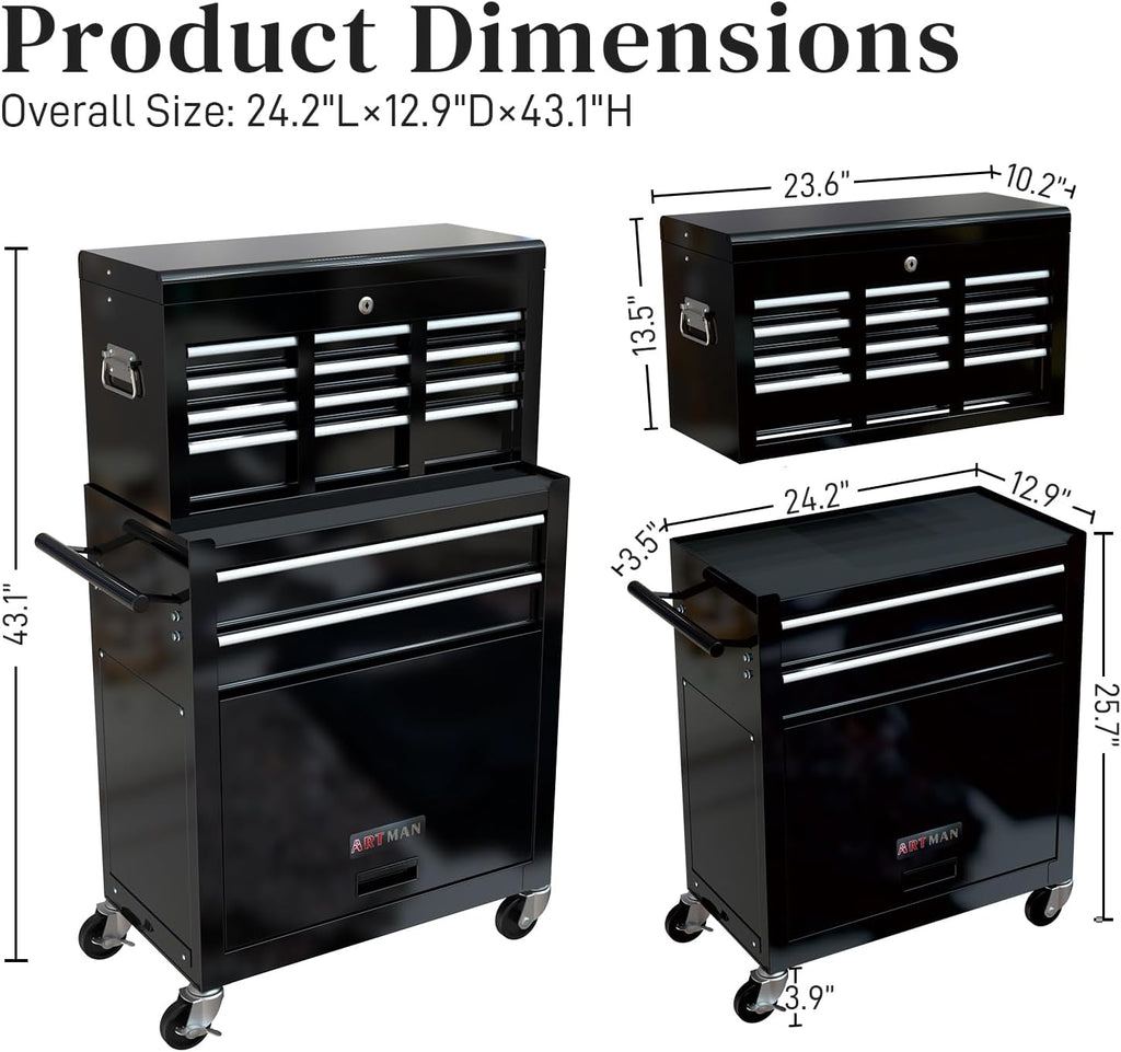 High Capacity Rolling Tool Chest with 8-Drawer Tool Box on Wheels Multifunctional Tool Cart Mechanic Tool Storage Cabinet for Garage, Warehouse, Workshop, Repair Shop (Black)