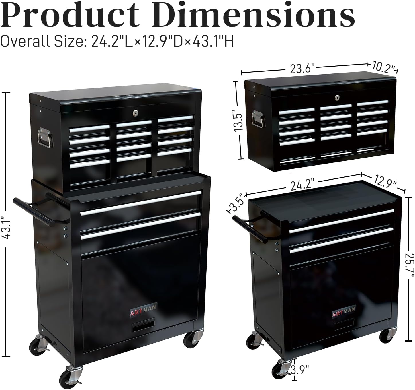 High Capacity Rolling Tool Chest with 8-Drawer Tool Box on Wheels Multifunctional Tool Cart Mechanic Tool Storage Cabinet for Garage, Warehouse, Workshop, Repair Shop (Black)