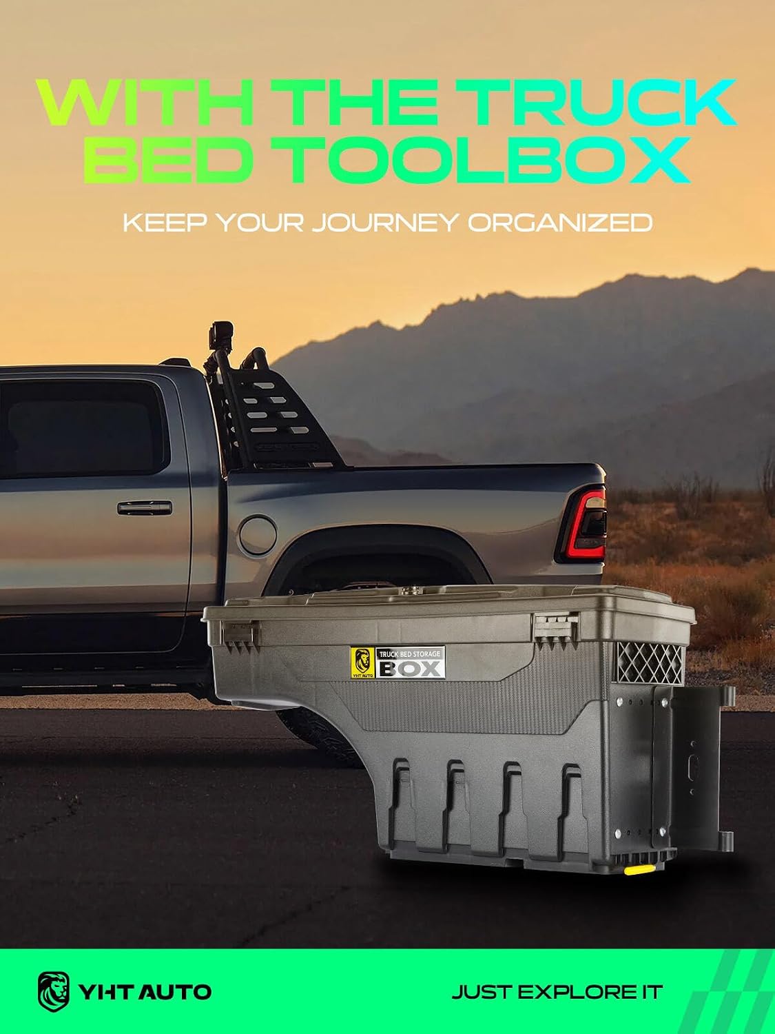 YHTAUTO Truck Bed Storage Tool Box Lockable Compatible with Toyota Tacoma 2005-2023, Passenger Side, 2019-2023 with Storage Box, Swing Waterproof Wheel Well Toolbox
