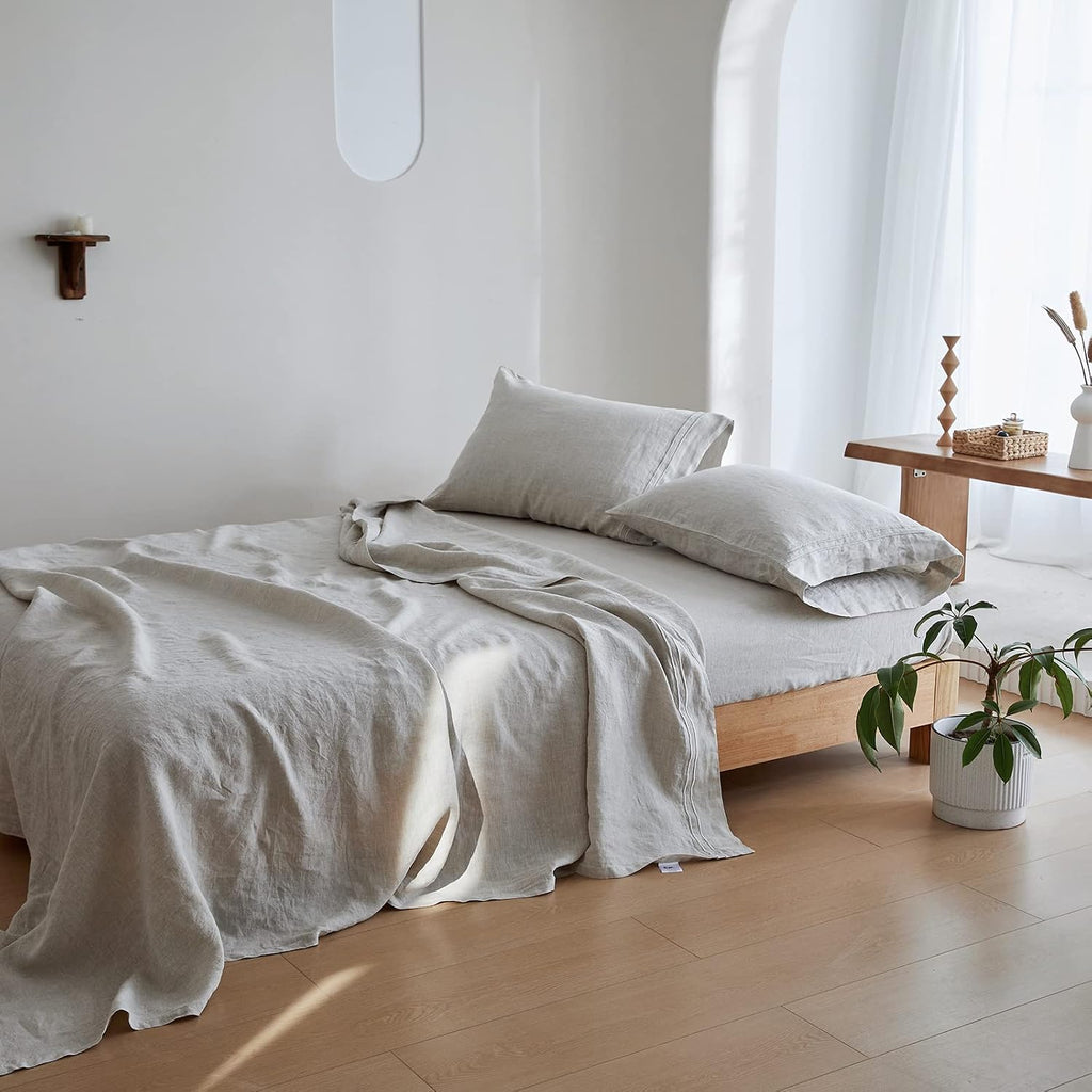 Simple&Opulence 100% Linen Sheet Set 4 Pieces Natural France Flax Bed Sheet (1 Flat Sheet, 1 Fitted Sheet, 2 Pillowcases) Breathable Luxury Hotel Bedding - Embroidery Linen, Queen Size
