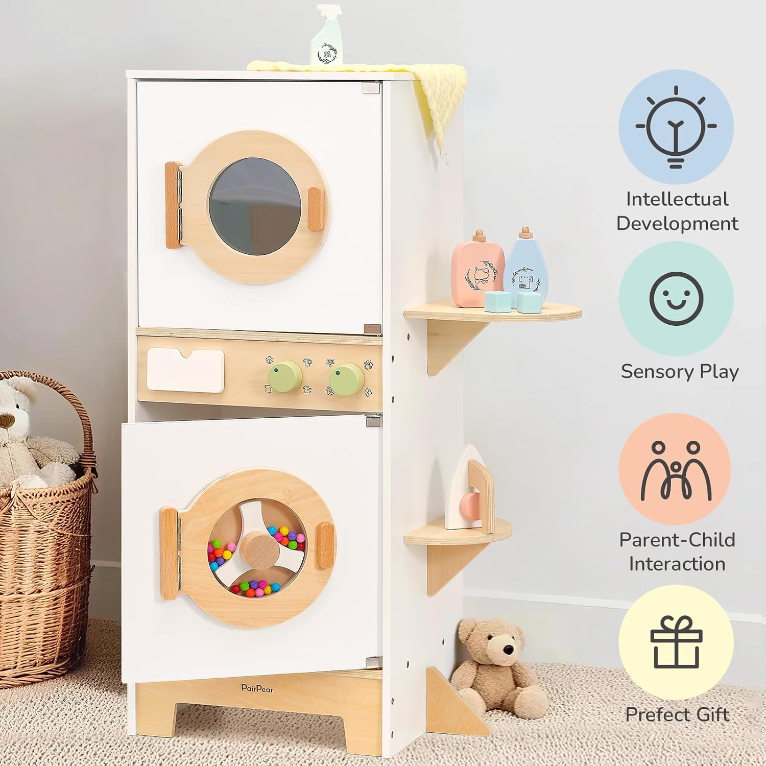 PairPear Wooden Toy Washing Machine Playset, Kids Washer & Dryer Laundry Playset with Iron, Toddler Pretend Kitchen Spinning Bead Drum Toy Gift for Age 3+