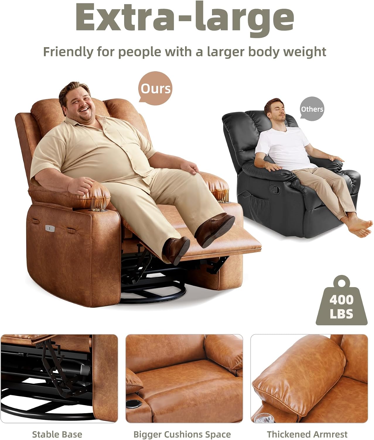 GarveeHome Oversized Recliner Chairs with Heat and Massage, Lazy Recliner Chair for Adults- Manual Chair with Cup Holder for Living Rooms, Bedrooms and Nurseries (Light Brown)