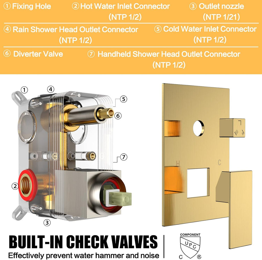 Shower System Rain Shower Faucet Set with Tub Spout,10 inch Bathroom Wall Mounted Waterfall Bathtub Faucet with Handheld Spray and Rough-in Valve Body and Trim kit,Brushed Gold