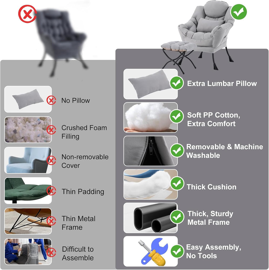 Lazy Chair with Ottoman, Modern Accent Chair with Lumbar Pillow, Grey Sofa, Armchairs with Folding Footrest, Oversized Supportive Chairs for Bedroom, Reading