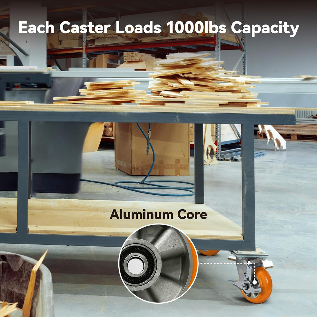 Caster Wheels, 5' Heavy Duty Industrial Swivel Caster, Crowned Tread Aluminum Core Thickened Polyurethane Casters Set of 4 with Load 4000lbs Capacity, Wheels for Cart Toolbox (4 Swivel)