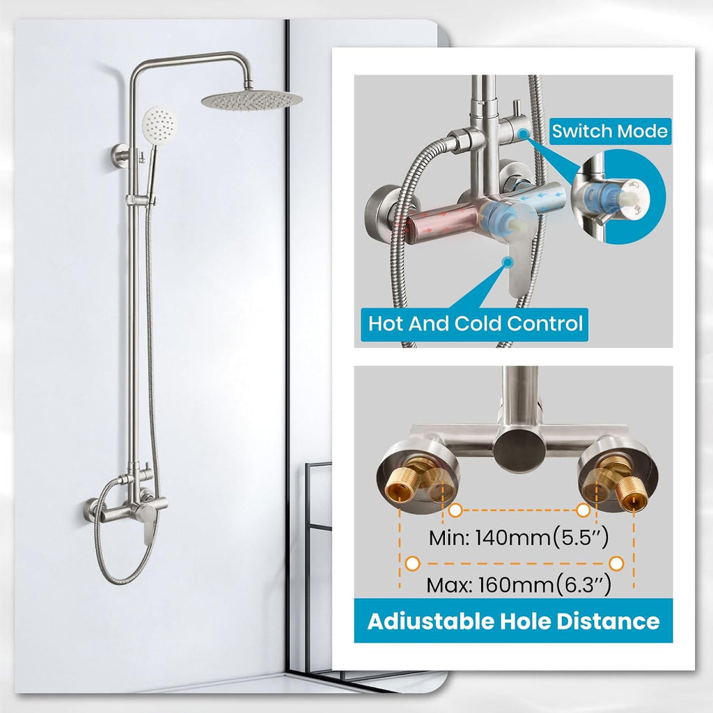 gotonovo SUS304 Outdoor Shower Fixture High Pressure Shower System Combo Wall Mount 2 Dual Function Shower Faucet Set Round Handheld Spray Brushed Nickel Single Handle
