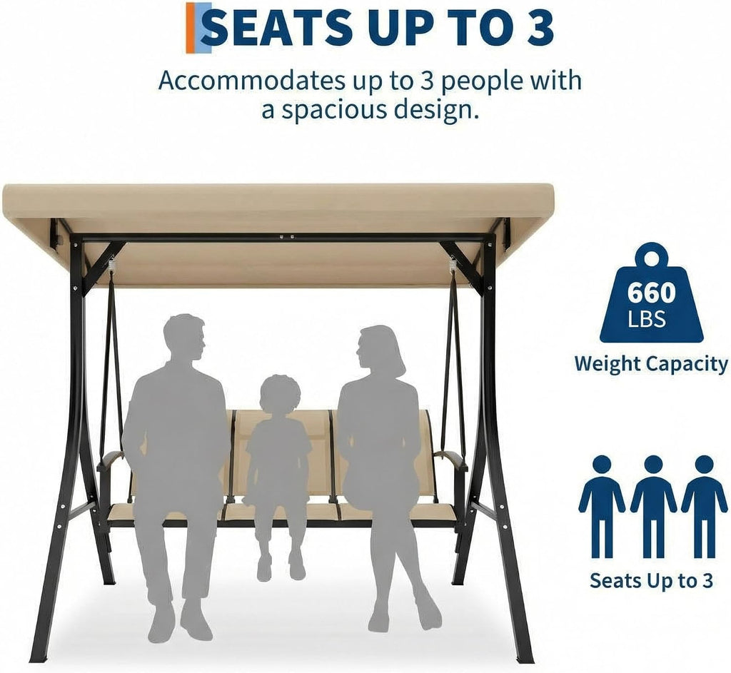 GarveeLife 3-Seat Patio Swing Chair, Outdoor Porch Hanging Chairs with Adjustable Canopy and Armrests, Breathable Textilene Fabric Seat & Backrest, Swing Bench for Garden, Poolside, Backyard, Beige
