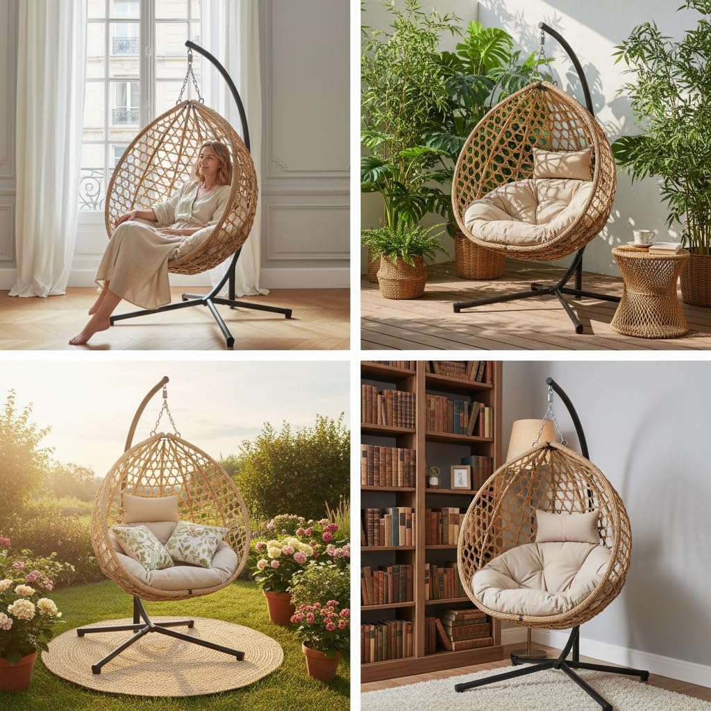 RUN.SE Hanging Egg Chair with Stand, Outdoor Indoor Egg Swing Chair with Cushion Headrest for Patio, Porch, Balcony, Bedroom, 350LBS Capacity (Dark Brown)