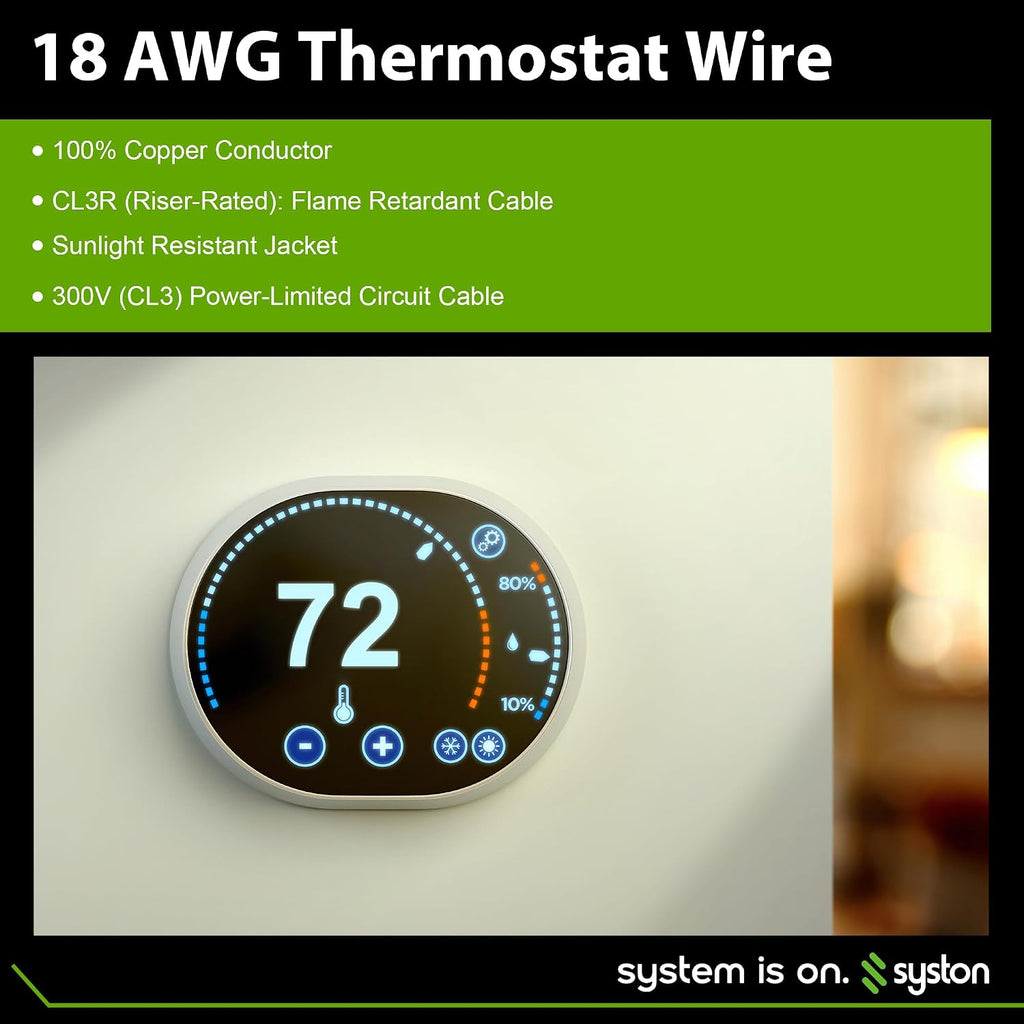 Syston 18/4 Thermostat Doorbell HVAC Heating Control Cable Wire, 100% Solid Copper Conductors CL3R/FT4/CMR Riser-Rated UL/ETL Listed, UV Resistant RoHS for Indoor/Outdoor Low Voltage Applications Use