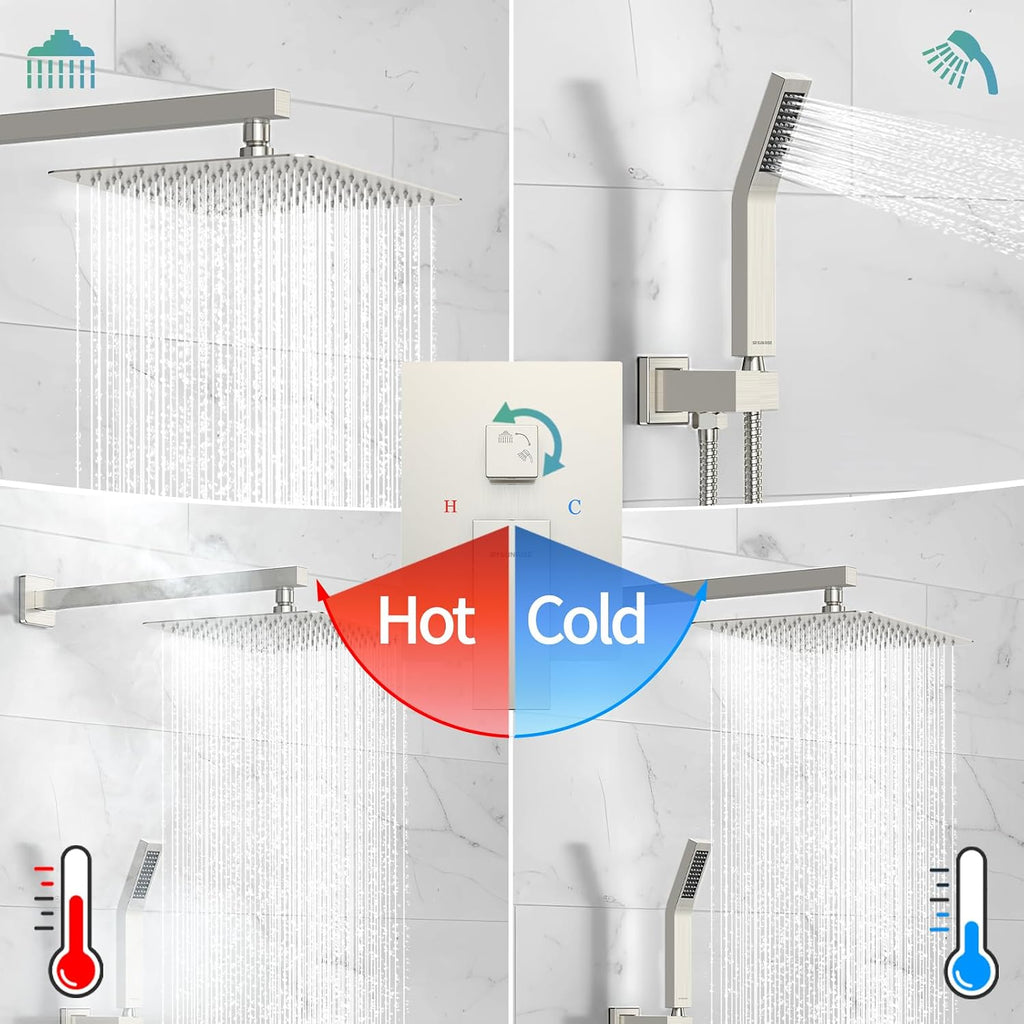 SR SUN RISE Shower Faucet Set Bathroom Square Rain Shower Head with Handheld Spray Wall Mounted Rainfall Shower Fixtures Brushed Nickel Shower Faucet Trim Repair Kits (Contain Shower Valve)10 Inches