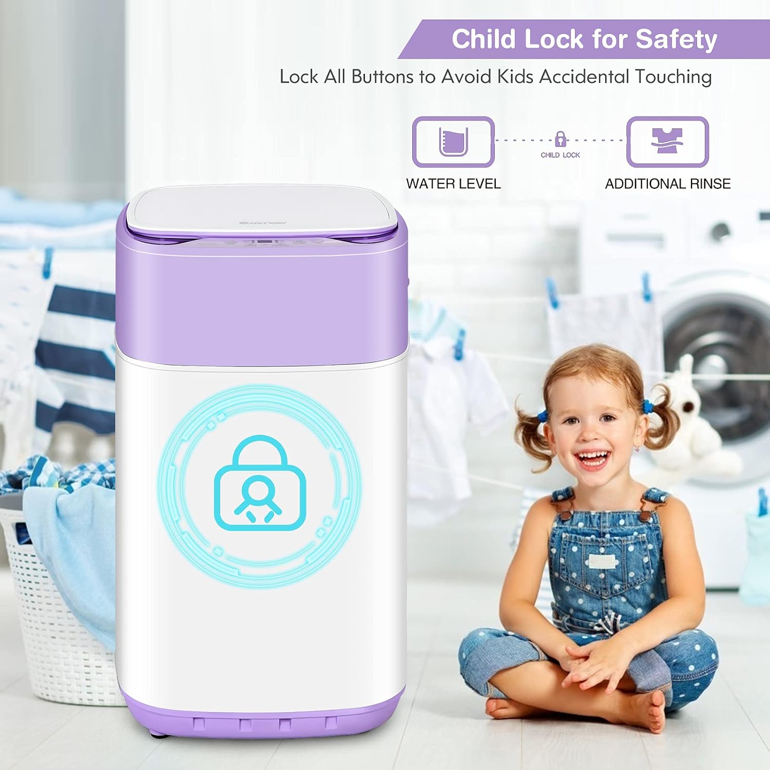 COSTWAY Portable Washing Machine, 8 Lbs Capacity, Built-in Drain Pump, Compact Laundry Washer with 6 Programs, 6 Water Levels, Child Lock, Full-Automatic washer for RV, Dorm, Apartment, Purple