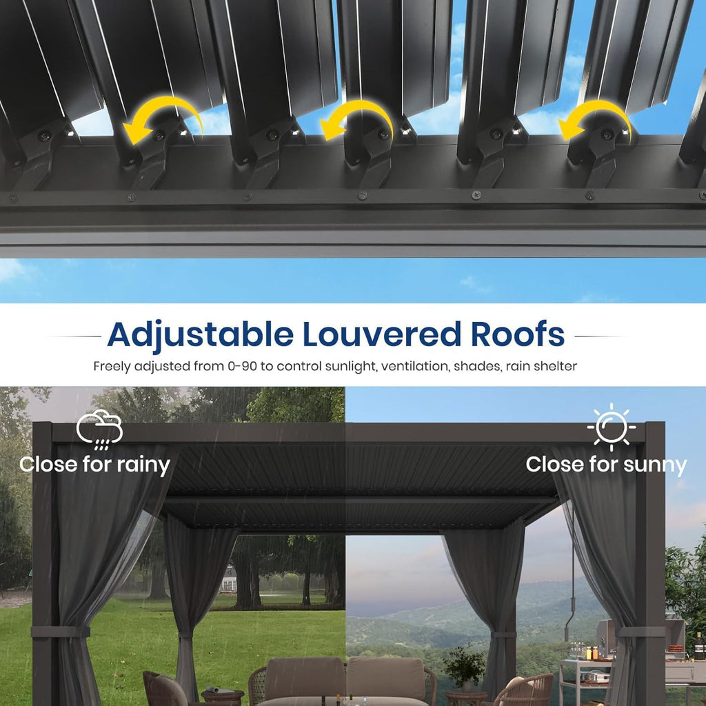 10' ×12' Outdoor Louvered Pergola, Aluminum Outdoor Louvered Pergola Patio with Adjustable Roof for Outdoor Deck, Backyard, Garden (10X12FT)