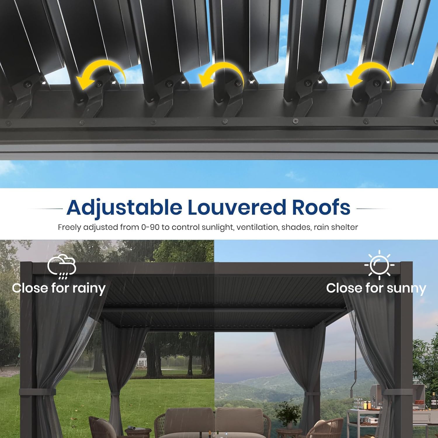 10' ×12' Outdoor Louvered Pergola, Aluminum Outdoor Louvered Pergola Patio with Adjustable Roof for Outdoor Deck, Backyard, Garden (10X12FT)