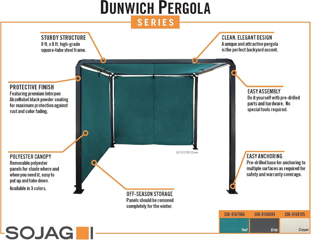Sojag Outdoor 8' x 8' Dunwich Pergola Open Gazebo, Grey