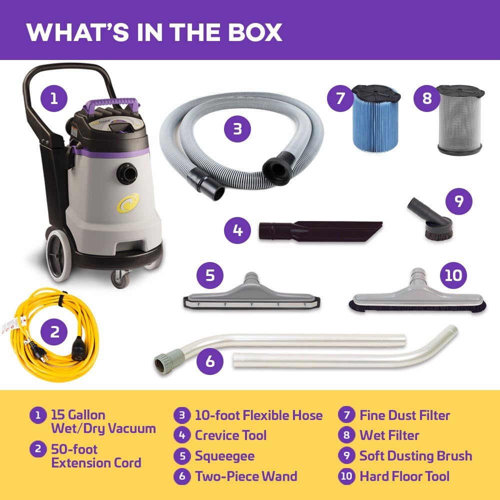 ProTeam Wet Dry Vacuums, ProGuard 15, 15-Gallon Commercial Wet Dry Vacuum Cleaner with Tool Kit