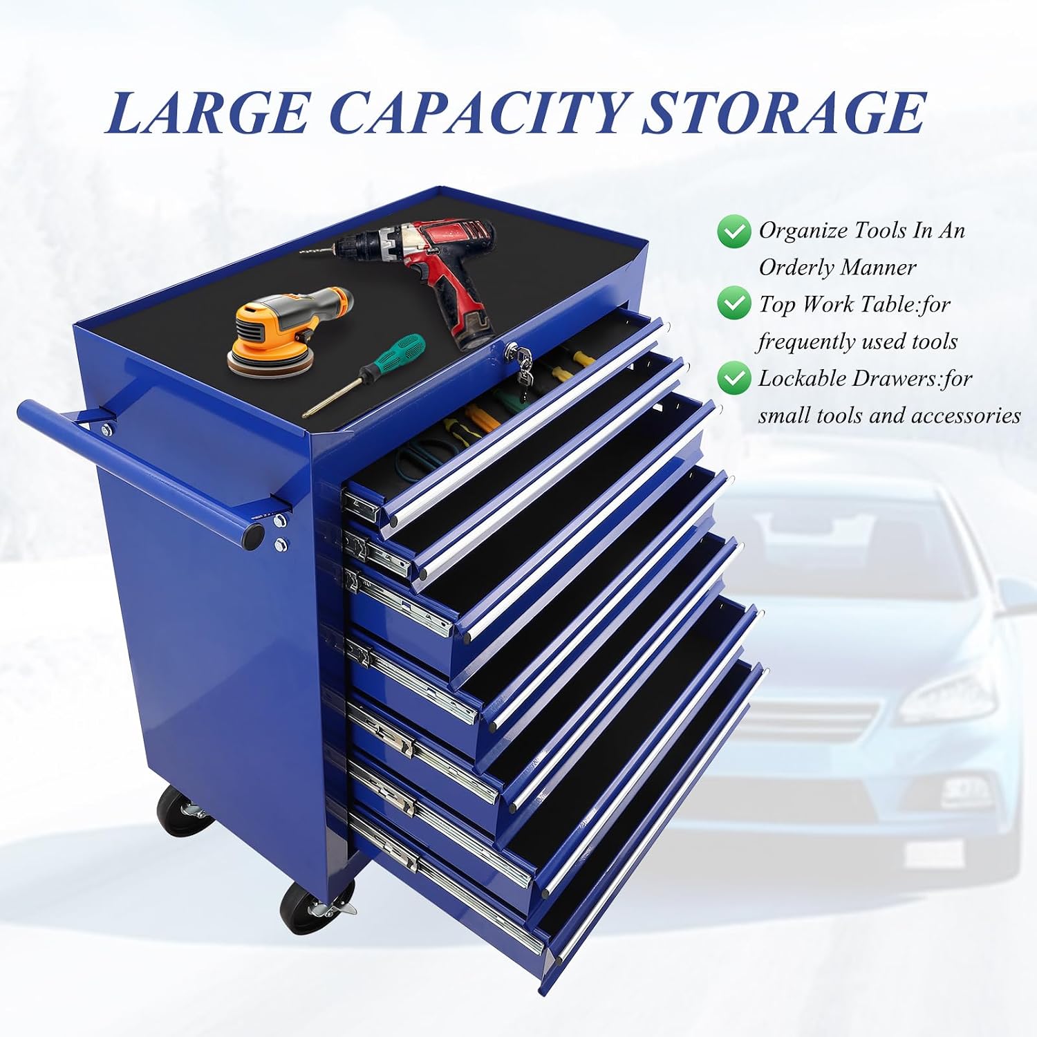 7 Drawer Rolling Tool Chest,Tool Cabinet on Wheels with Locking System,Rolling Tool Box Organizer Tool Case,Multifunctional Tool Cart Mechanic Tool Storage Cabinet for Garage,Wareh Blue One Size