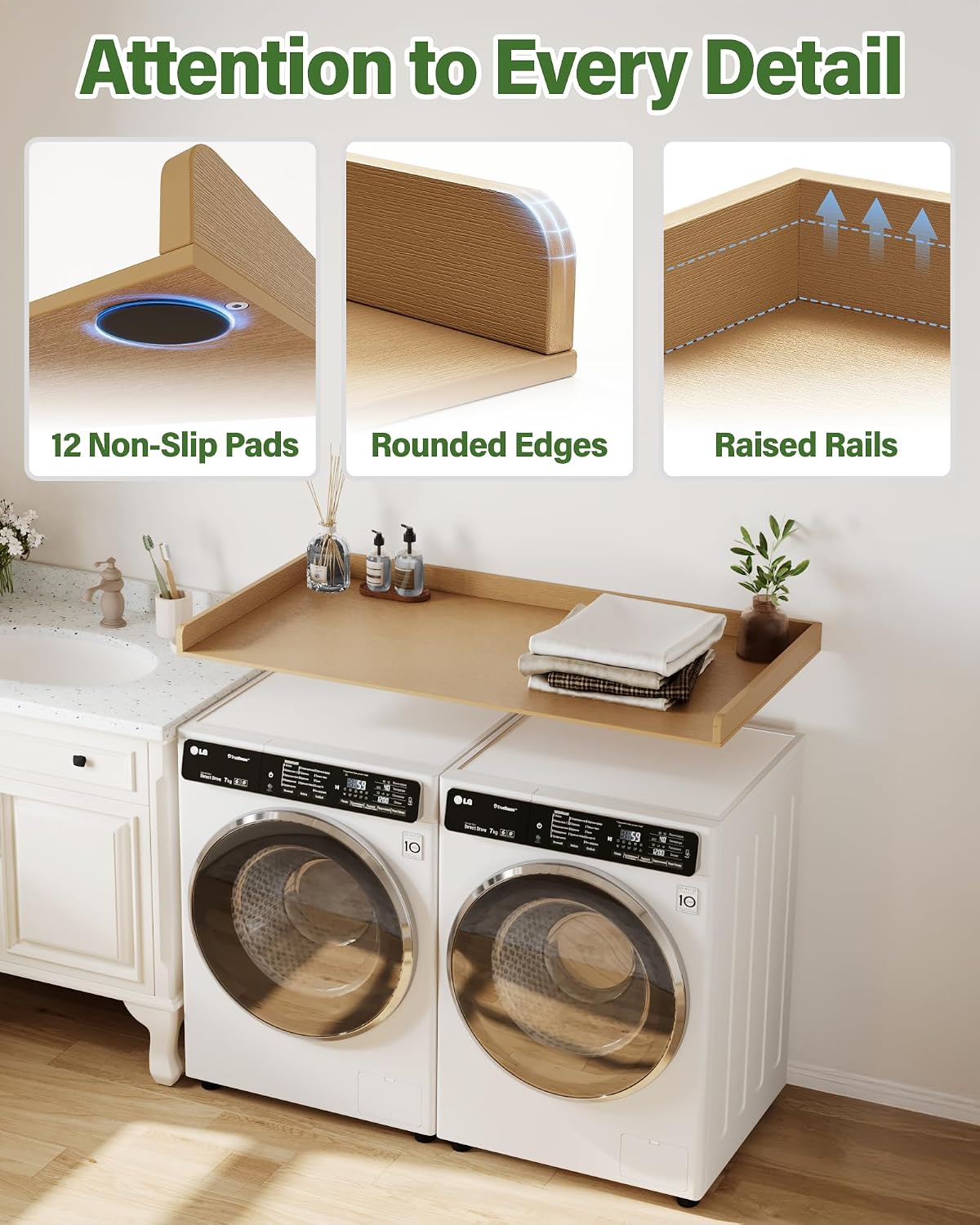 Washer Dryer Topper 54'x27.5' – Premium HD Polymer Laundry Countertop, Waterproof and Durable Washer Dryer Countertop with Raised Edges for Folding Clothes, Sorting Laundry, and Extra Storage