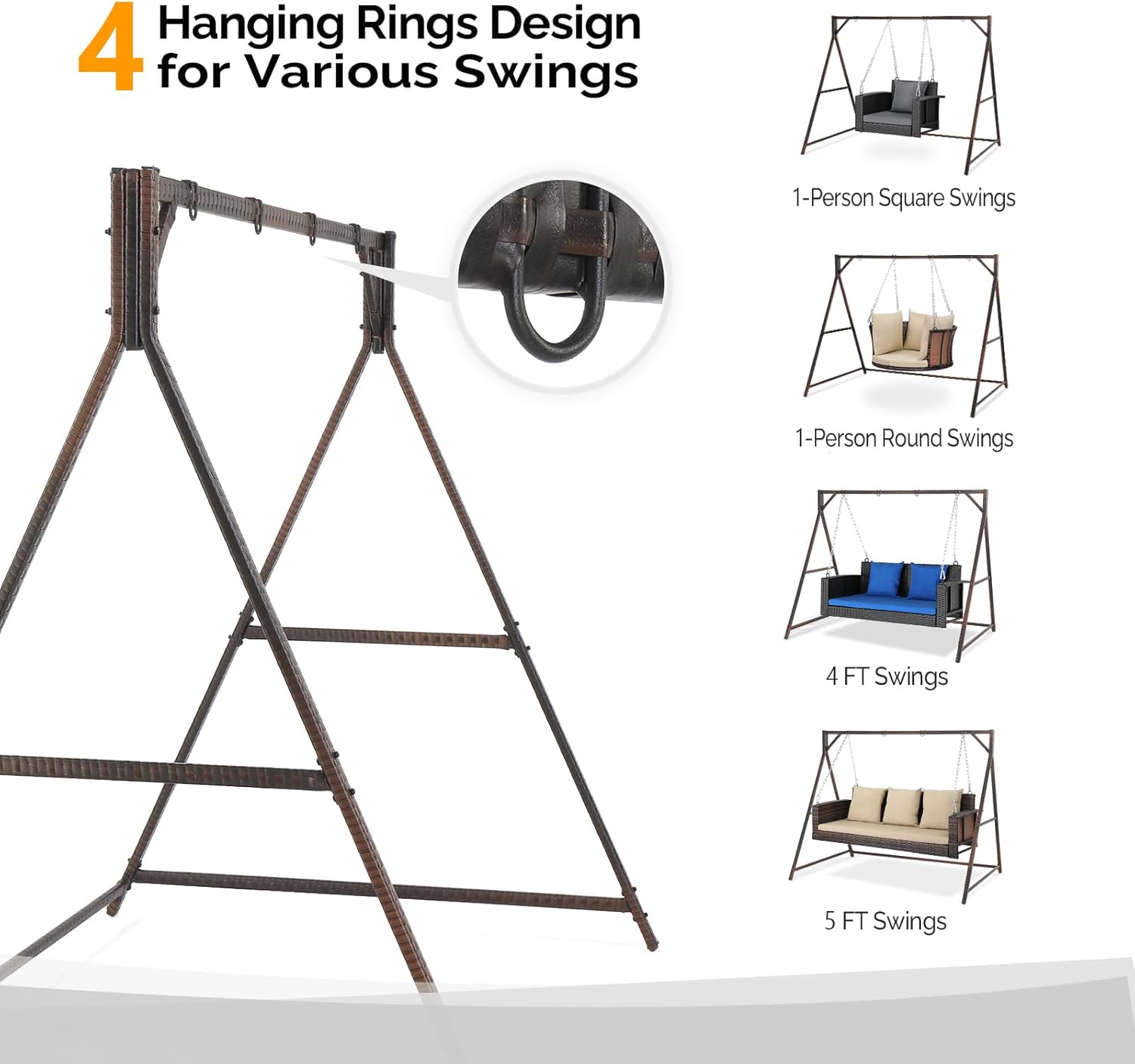 VINGLI Upgraded 7 FT Rattan Porch Swing Frame, Heavy Duty 1200 LBS Weight Capacity Swing Stand for Outdoors, Brown