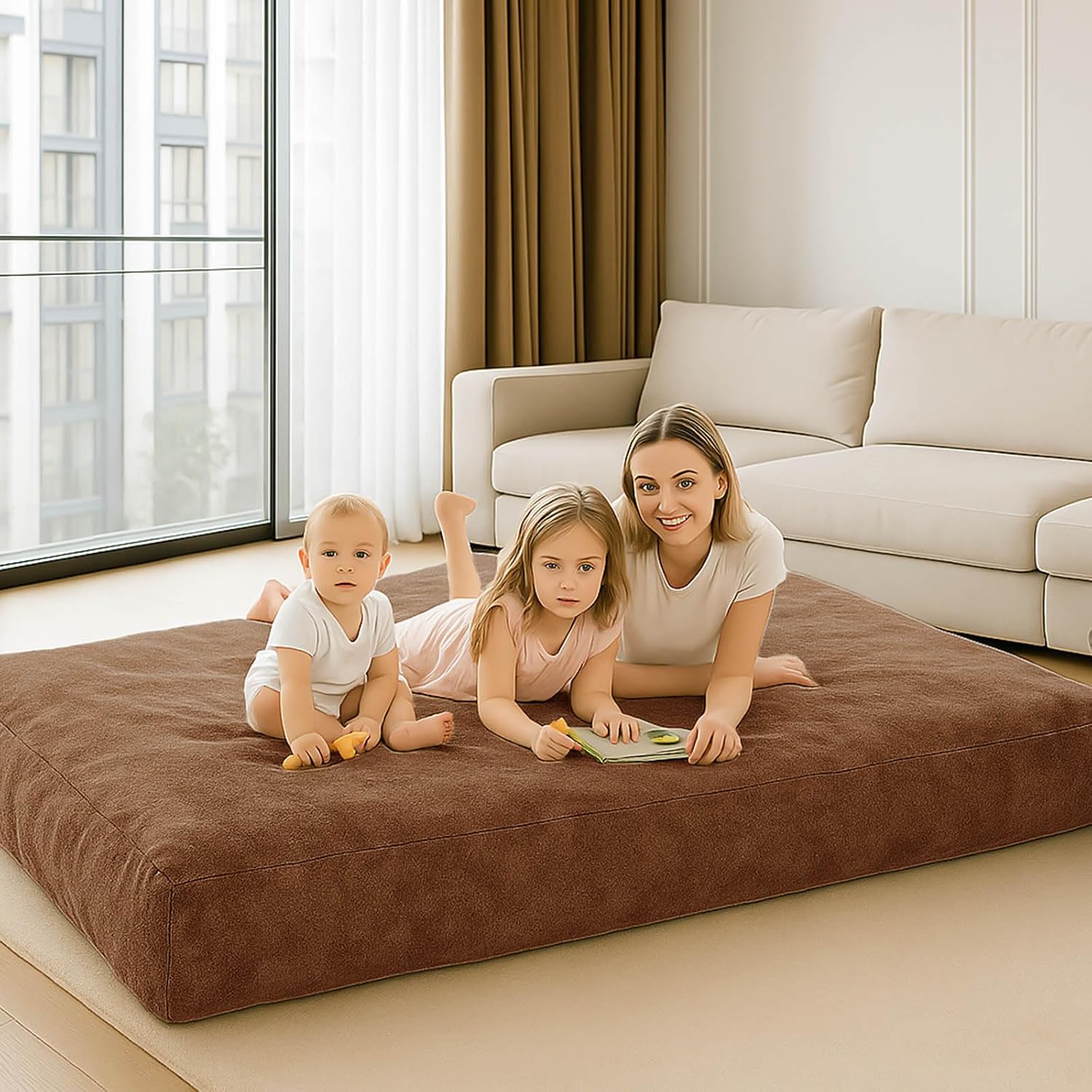 Adult Bean Bag Chair Bed, Bean Bag Sofa with Filling, Memory Foam, Comfortable Floor Sofa Bed, Boneless Floor Chair, Suitable for Living Room Bedroom Dormitory Balcony Lounge (Brown, Chair Bed)