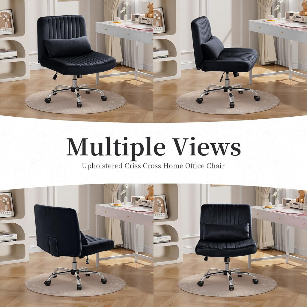Warmiehomy Criss Cross Chair, Luxury Velvet Cross Legged Chairs, Office Chair for Home Office, Desk Chair with Height Adjustable, Wide Seat Computer Chair, Comfy Vanity Chair Gift, Classic Black