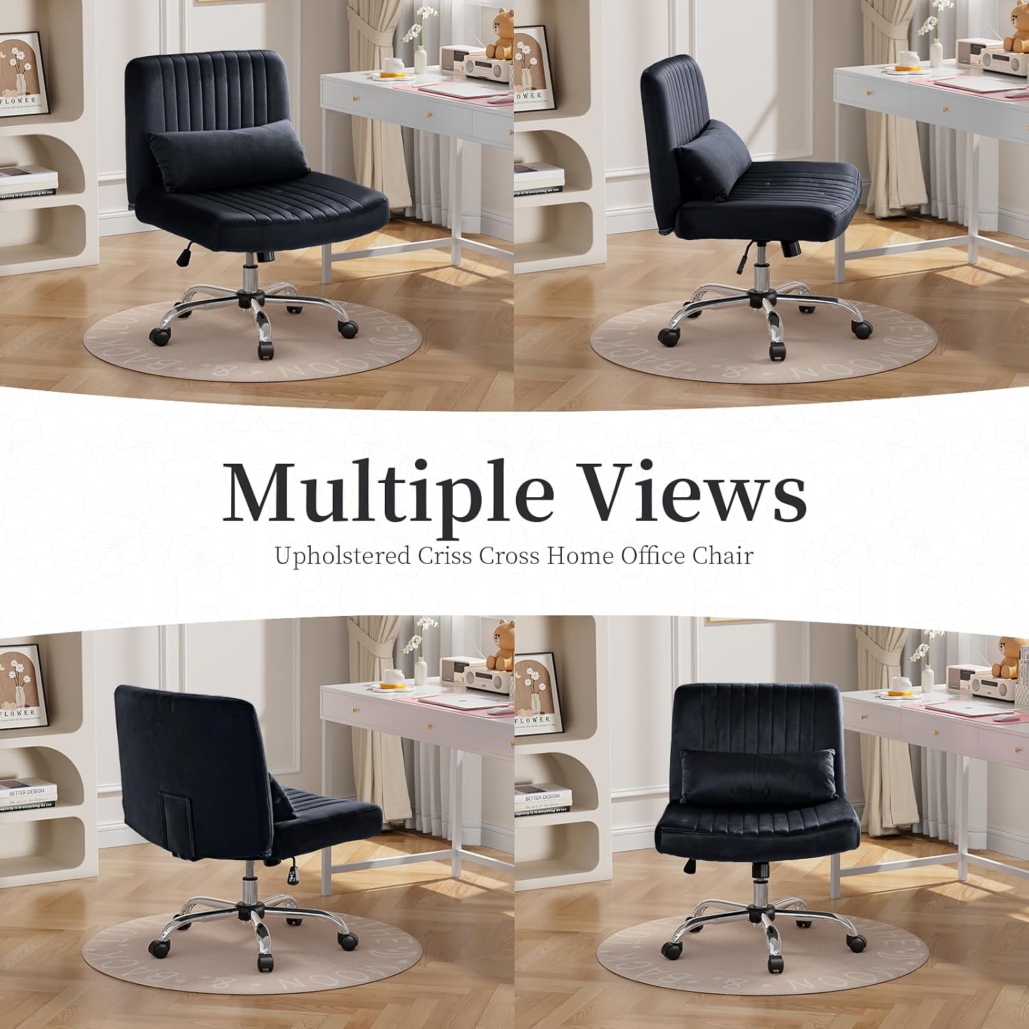 Warmiehomy Criss Cross Chair, Luxury Velvet Cross Legged Chairs, Office Chair for Home Office, Desk Chair with Height Adjustable, Wide Seat Computer Chair, Comfy Vanity Chair Gift, Classic Black