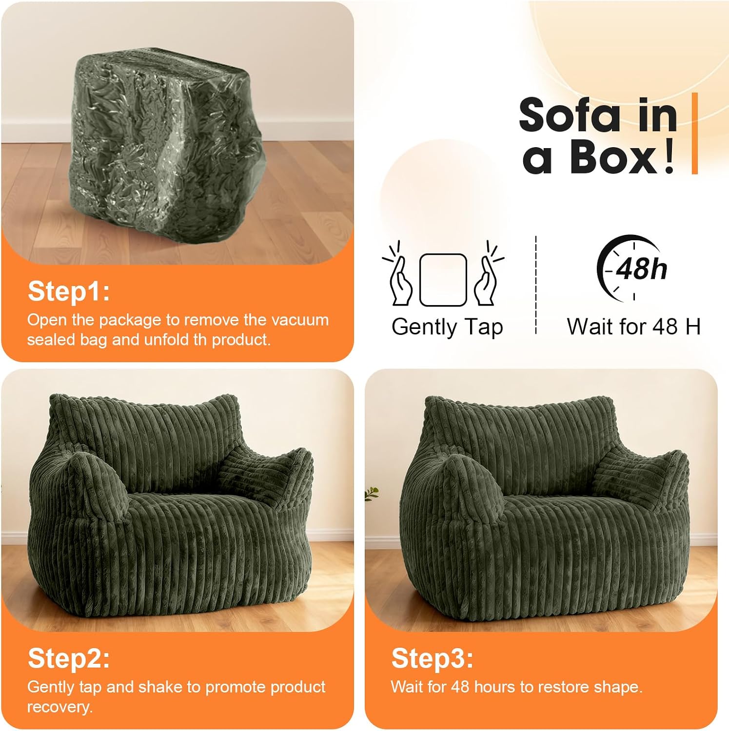 Giant Bean Bag Chair for Adults, Oversized Memory Foam Bean Bag Sofa with Armrests, Large Comfy Fluffy Single Lounges Mini Couch for Living Room, Bedroom & Dorm(Green)
