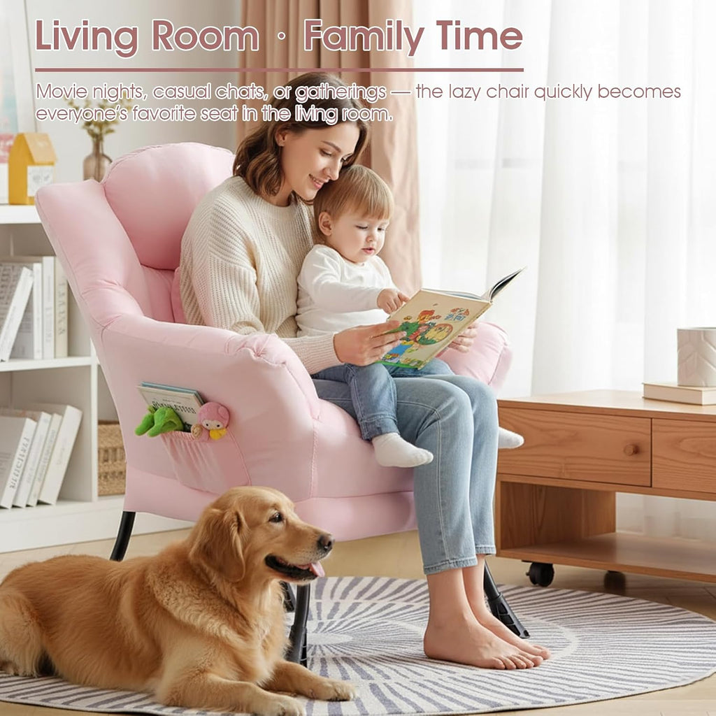 Lazy Chair for Living Room, Large Pink Accent Chair with a Throw Pillow, Leisure Sofa Chair Set, Comfy Reading Chair for Bedroom, Dorm Room, Office
