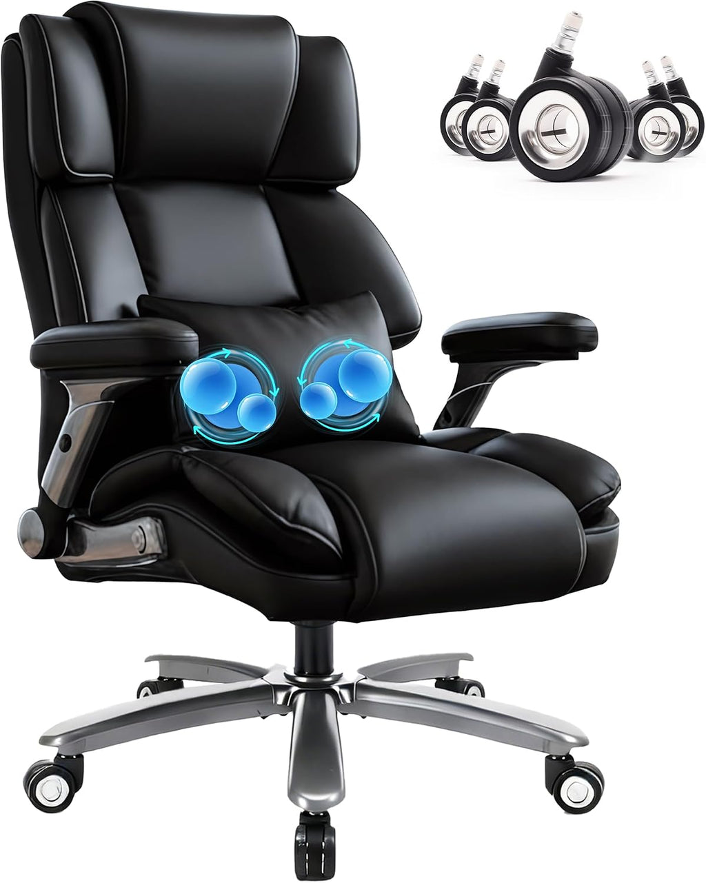 750lbs Heavy Duty Desk Chair with 3D Kneading Massage, Big and Tall Office Chairs with Ergonomic Support, 3D Armrests, 5 Quiet Dual Rubber Wheel, Thick Pocket Spring Cushion(Black, PU)