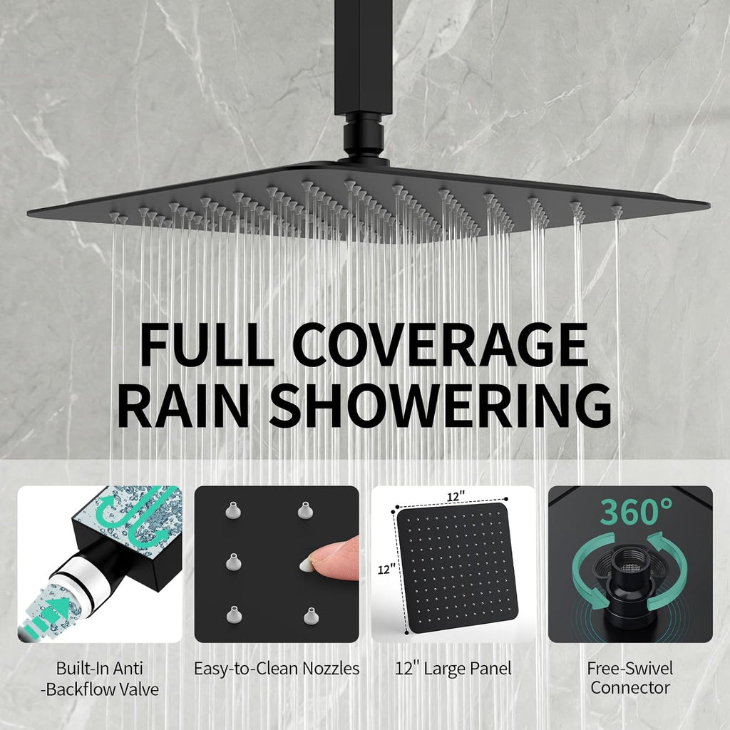 SR SUN RISE 12 Inch Ceiling Mount Matte Black Shower System Bathroom Luxury Rain Mixer Shower Faucet Set Ceiling Rainfall Shower Head System Faucet Trim Repair Kits Rough-in Valve and Trim Included