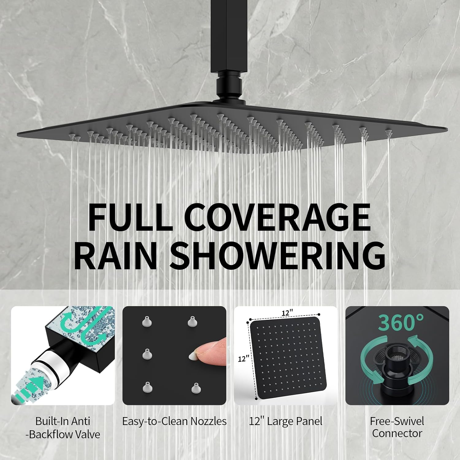 SR SUN RISE 12 Inch Ceiling Mount Matte Black Shower System Bathroom Luxury Rain Mixer Shower Faucet Set Ceiling Rainfall Shower Head System Faucet Trim Repair Kits Rough-in Valve and Trim Included