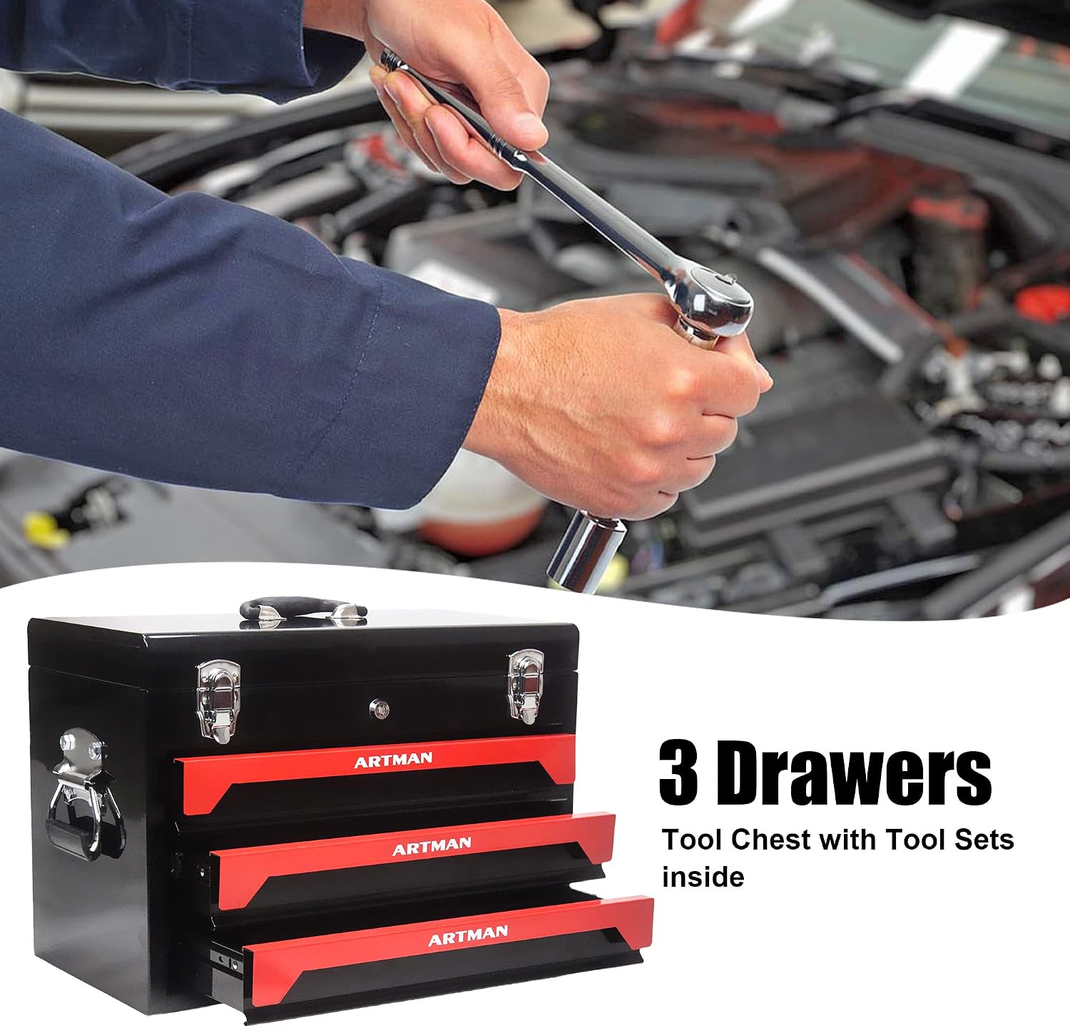 Runboll Mechanics Tool Set 339-Piece 3-Drawer Toolbox with Tools Kits Included, with pliers, ball hammer, screwdrivers, wrenches, Hex Keys, and More