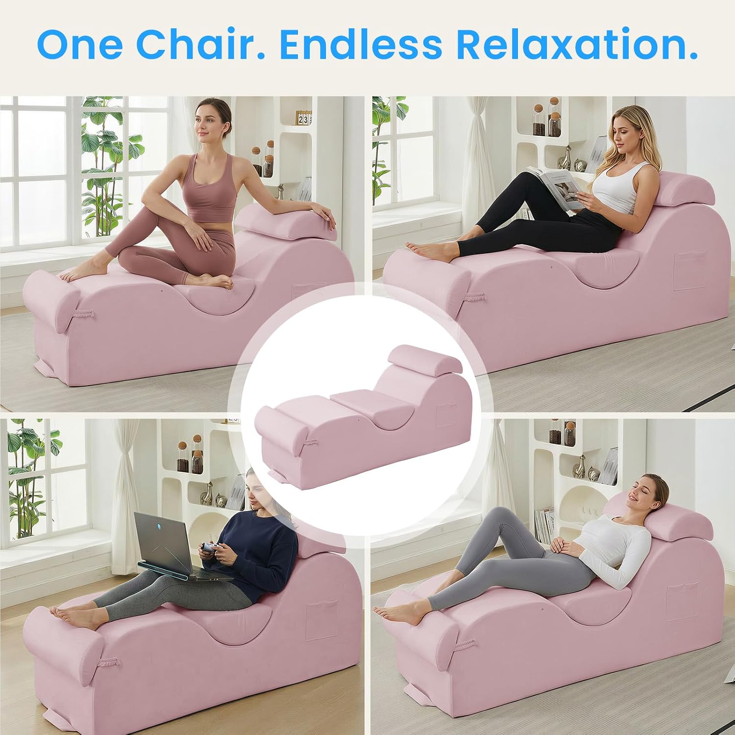 Ijuicy 25 Inch Yoga Stretching Recliner Chair, Soft Velvet Household Workout Training Chair, Indoor Leisure Lounge Chair with Headrest and Movable Footrest for Body Stretching & Daily Relaxation, Pink