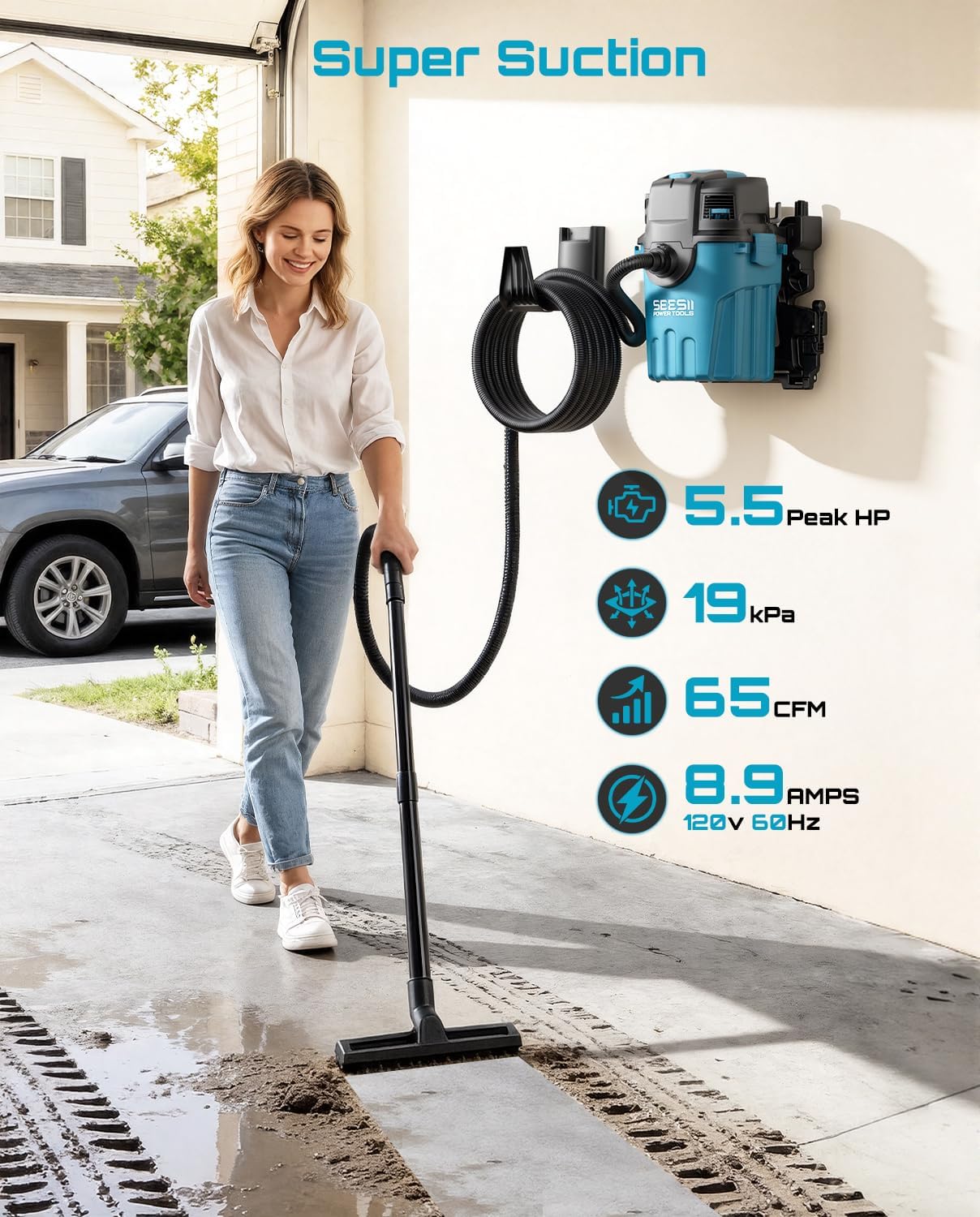 Seesii Garage Vacuum Wall Mounted Shop Vac, 6.6 Gallon 5.5 Peak HP Shop Vacuum Wet and Dry with 30Ft Flexible Hose, Attachments, Storage Bag, Cartridge Filter Ideal for Garage, Car, Workshop, Home