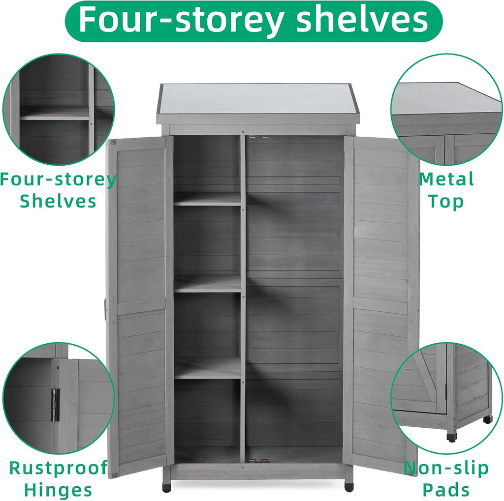 Outdoor Storage Shed Waterproof, Potting Shed with Storage Cabinet and Metal Table Top for Backyard Garden Patio, Outdoor 68 Inches Wood Tall Shed