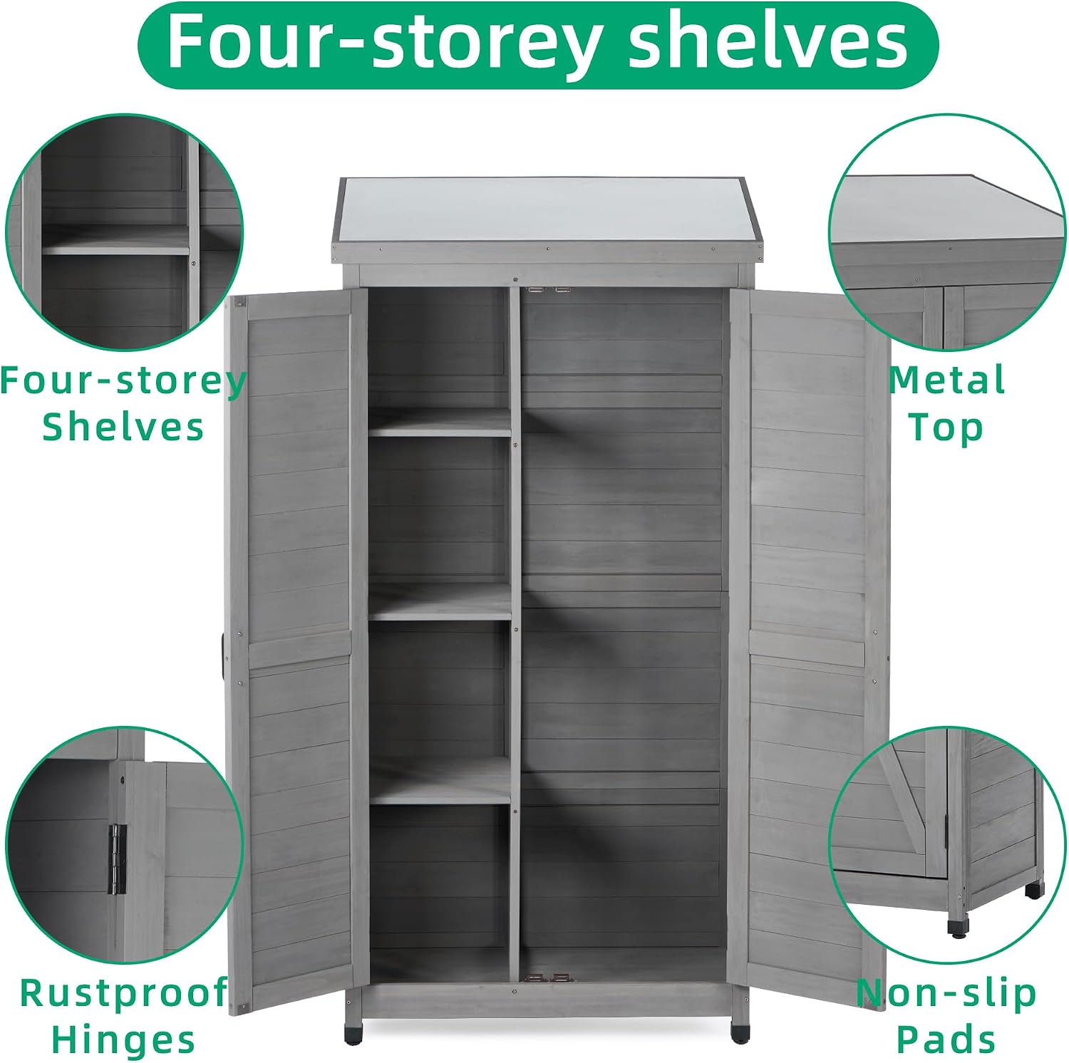 Outdoor Storage Shed Waterproof, Potting Shed with Storage Cabinet and Metal Table Top for Backyard Garden Patio, Outdoor 68 Inches Wood Tall Shed