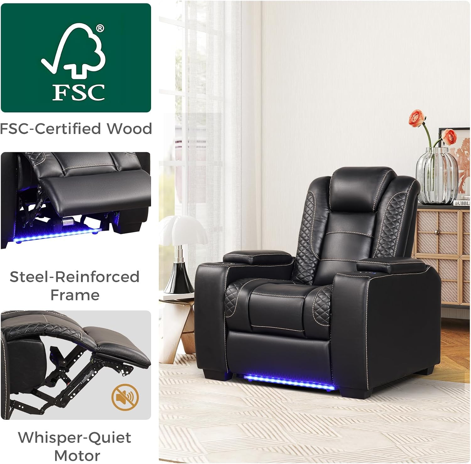 ANJ Power Recliner Chair Set of 4, Electric Recliner with Adjustable Headrest, Dual Motor Home Theater Seating with USB Port, Cup Holders, LED Lights, Hidden Arm Storage – PU Leather,Black
