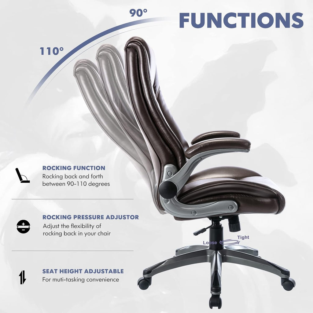 COLAMY Leather Executive Office Chair - High Back Ergonomic Home Computer Desk Chair with Padded Flip-up Arms, Adjustable Tilt Lock, Swivel Rolling Chair for Adult Working Study, Brown