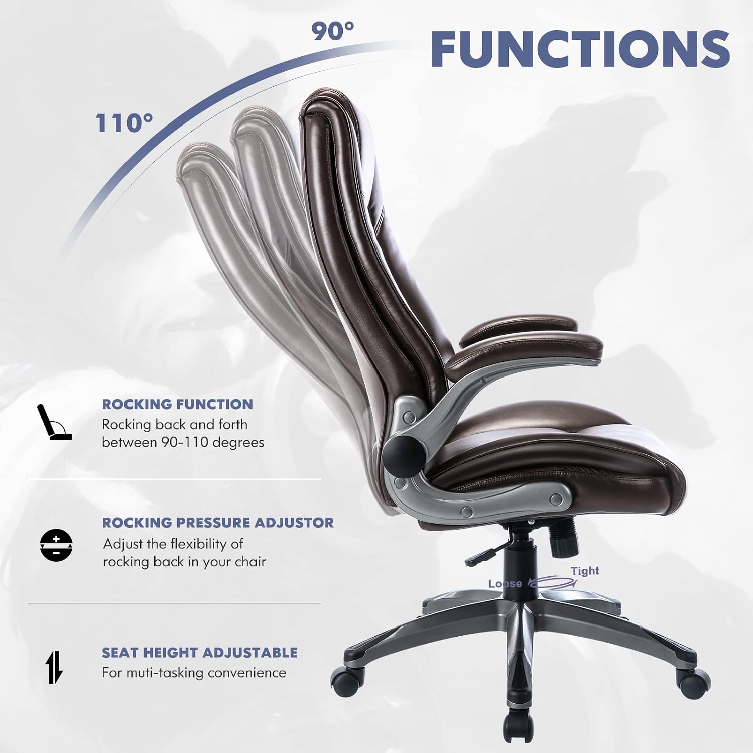 COLAMY Leather Executive Office Chair - High Back Ergonomic Home Computer Desk Chair with Padded Flip-up Arms, Adjustable Tilt Lock, Swivel Rolling Chair for Adult Working Study, Brown