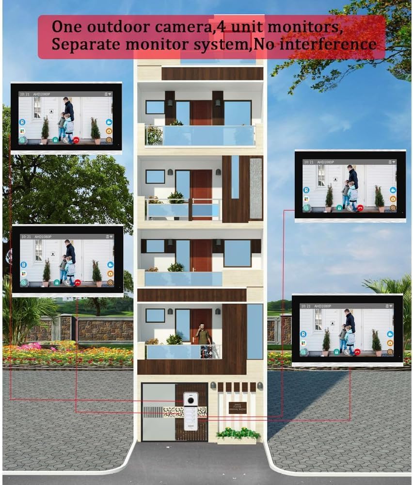 Wired Apartment Video Doorbell Intercom System,4 Units Touch Screen WiFi Monitor,Wireless Video Door Phone Kit,Indoor Outdoor Support Monitoring,Unlocking for Home Vally (10 inch Silver Monitor)