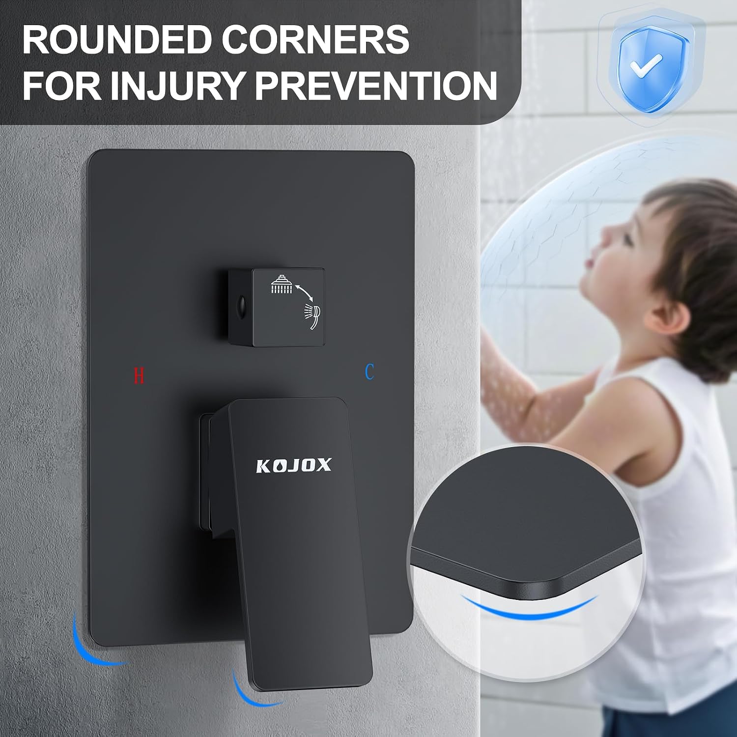 KOJOX 12 Inch Black Shower System with Rain Shower Head, Handheld Shower, Bathroom Luxury Mixer Combo Set, Wall Mounted Faucet Rough-in Valve and Trim Kit