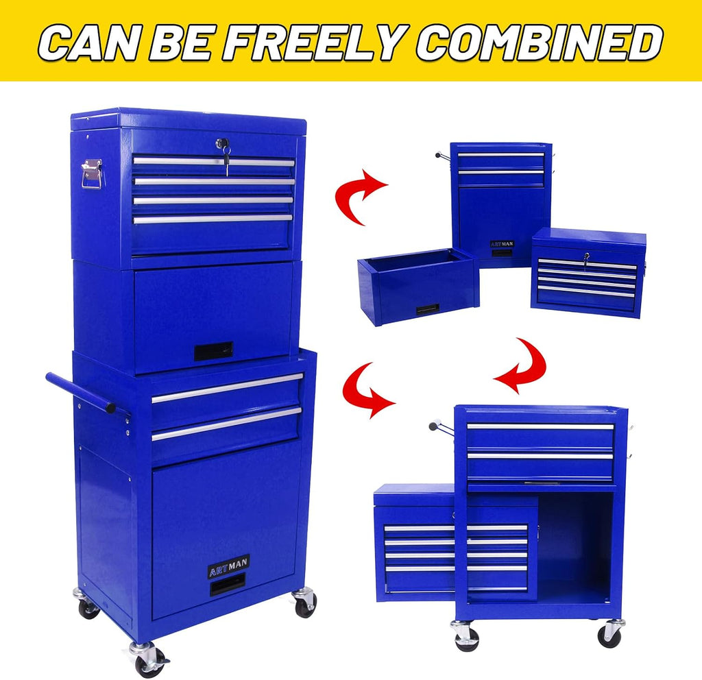 Rolling Tool Chest with 6 Drawers, Lockable Steel Tool Cabinet on Wheels with Detachable Top Box, Garage Workshop Storage Organizer, 2-in-1 Tool Box