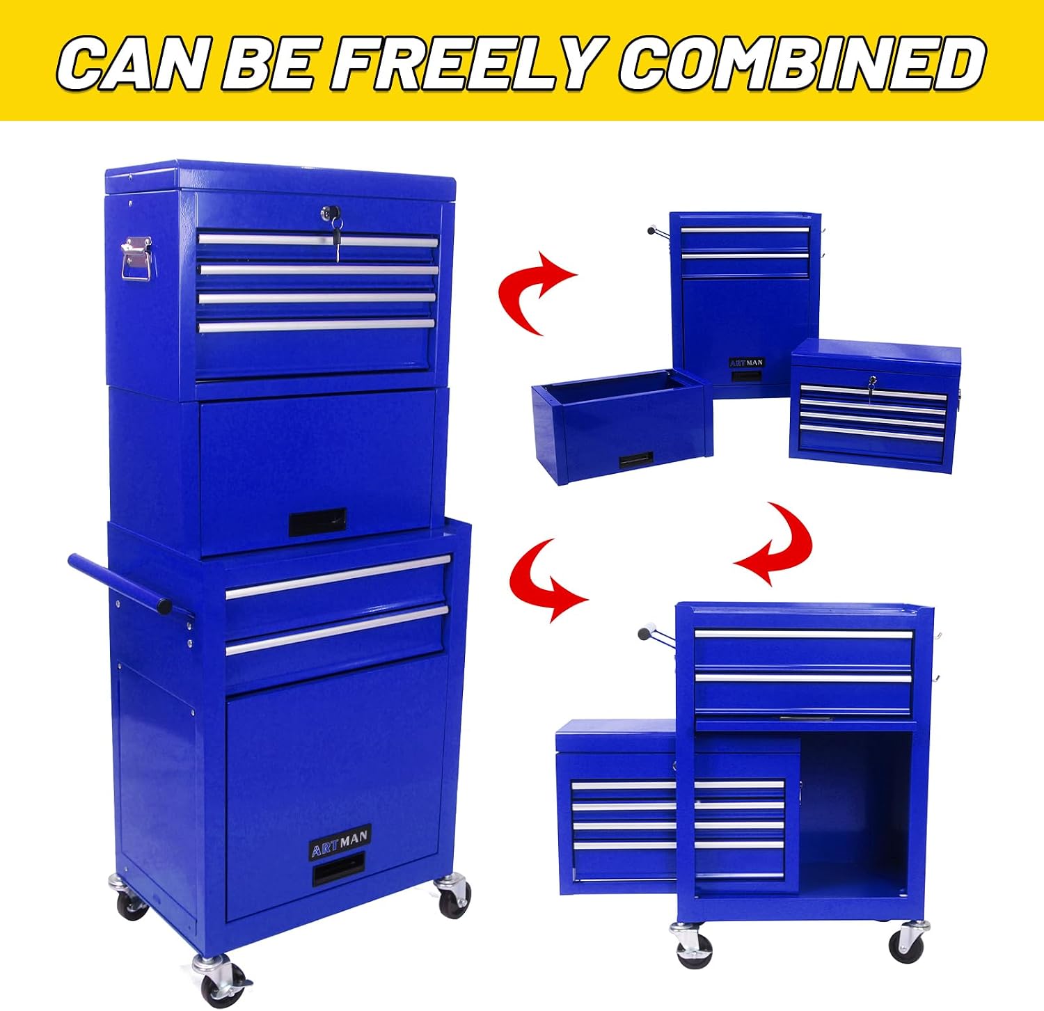 Rolling Tool Chest with 6 Drawers, Lockable Steel Tool Cabinet on Wheels with Detachable Top Box, Garage Workshop Storage Organizer, 2-in-1 Tool Box