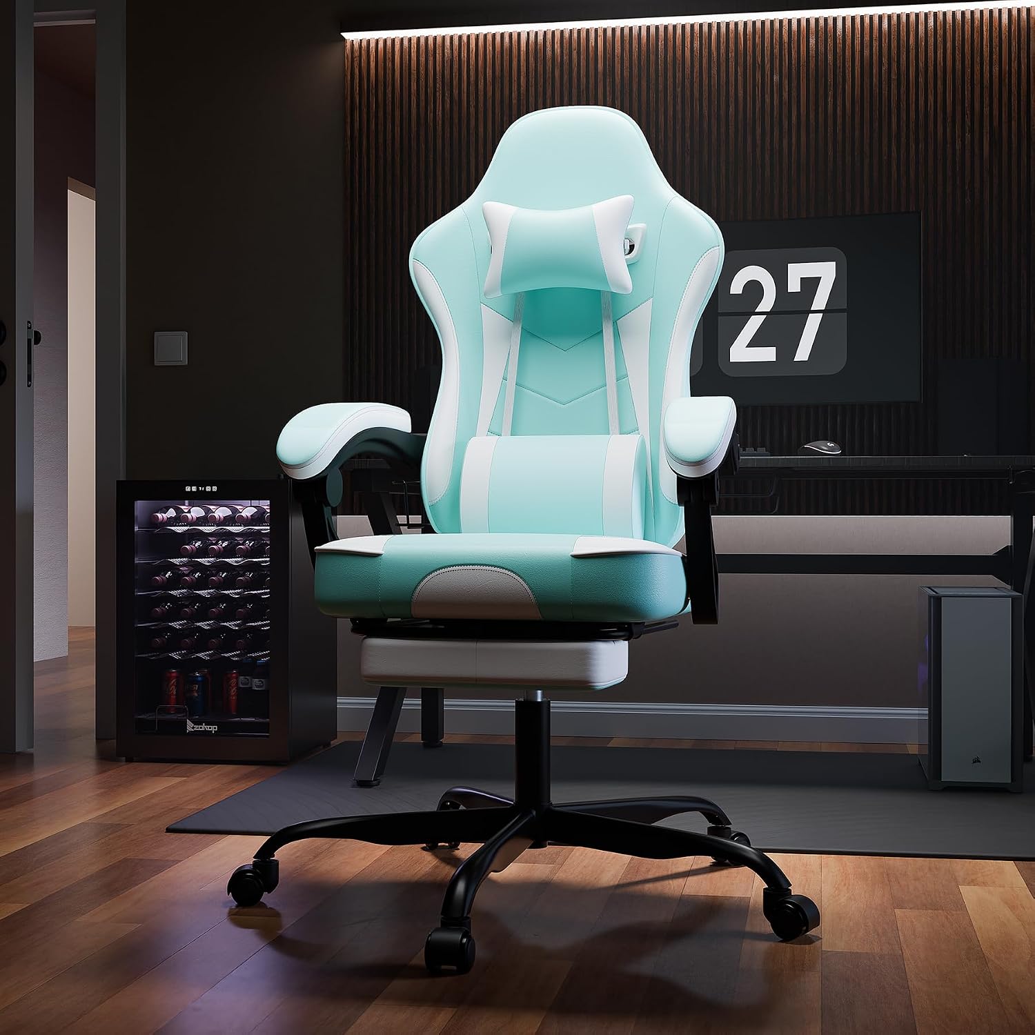 Gaming Chair with Massage and Footrest, Ergonomic High Back PC Racing Chair, 300LBS Capacity with Adjustable Lumbar Support & Headrest for Office and Desk (Model E, Green+White)