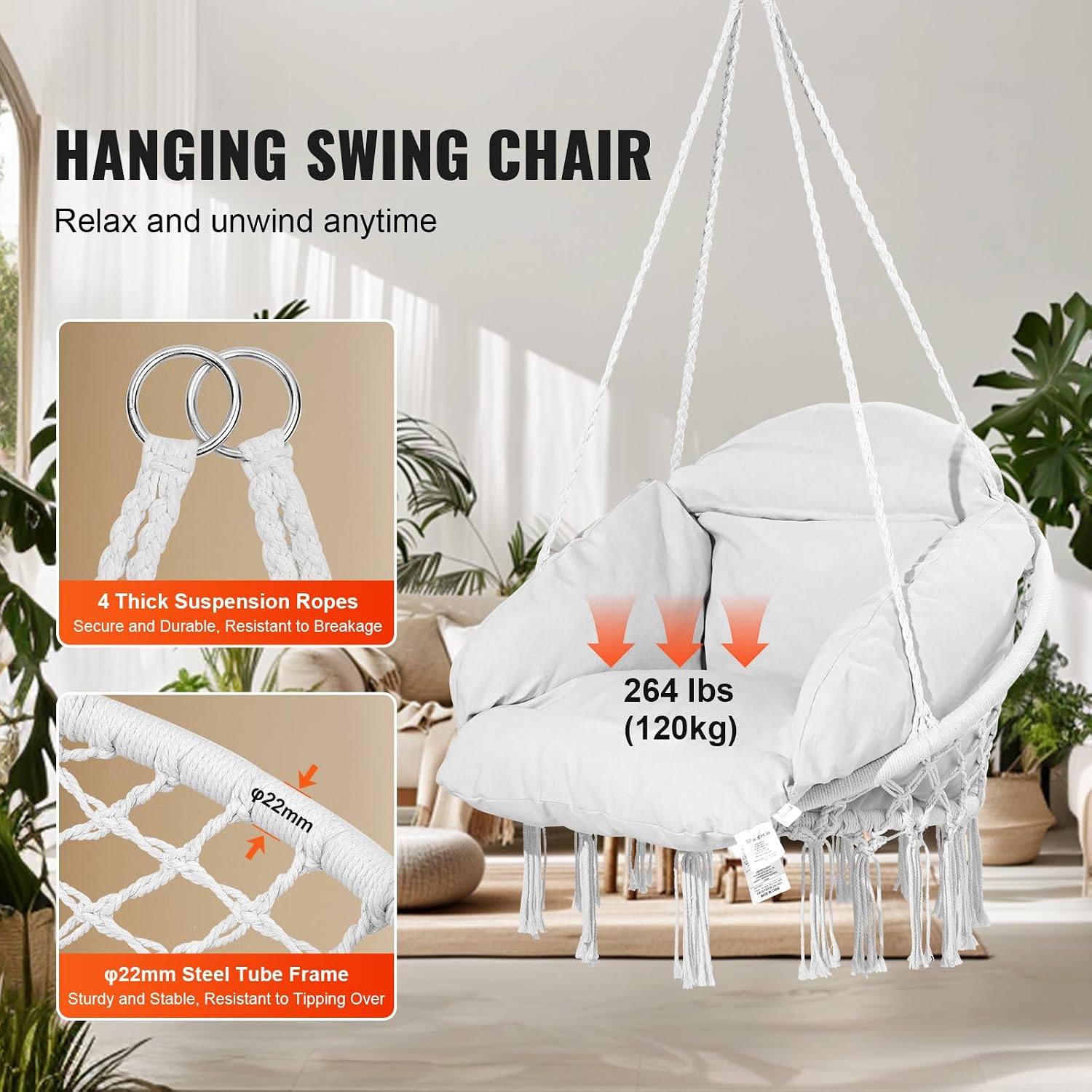 Happybuy Hanging Hammock Swing Chair, Cotton Rope with Cushion and Mounting Hardware, Macramé for Bedroom, Balcony, Patio, Garden, 264 lbs Capacity, White