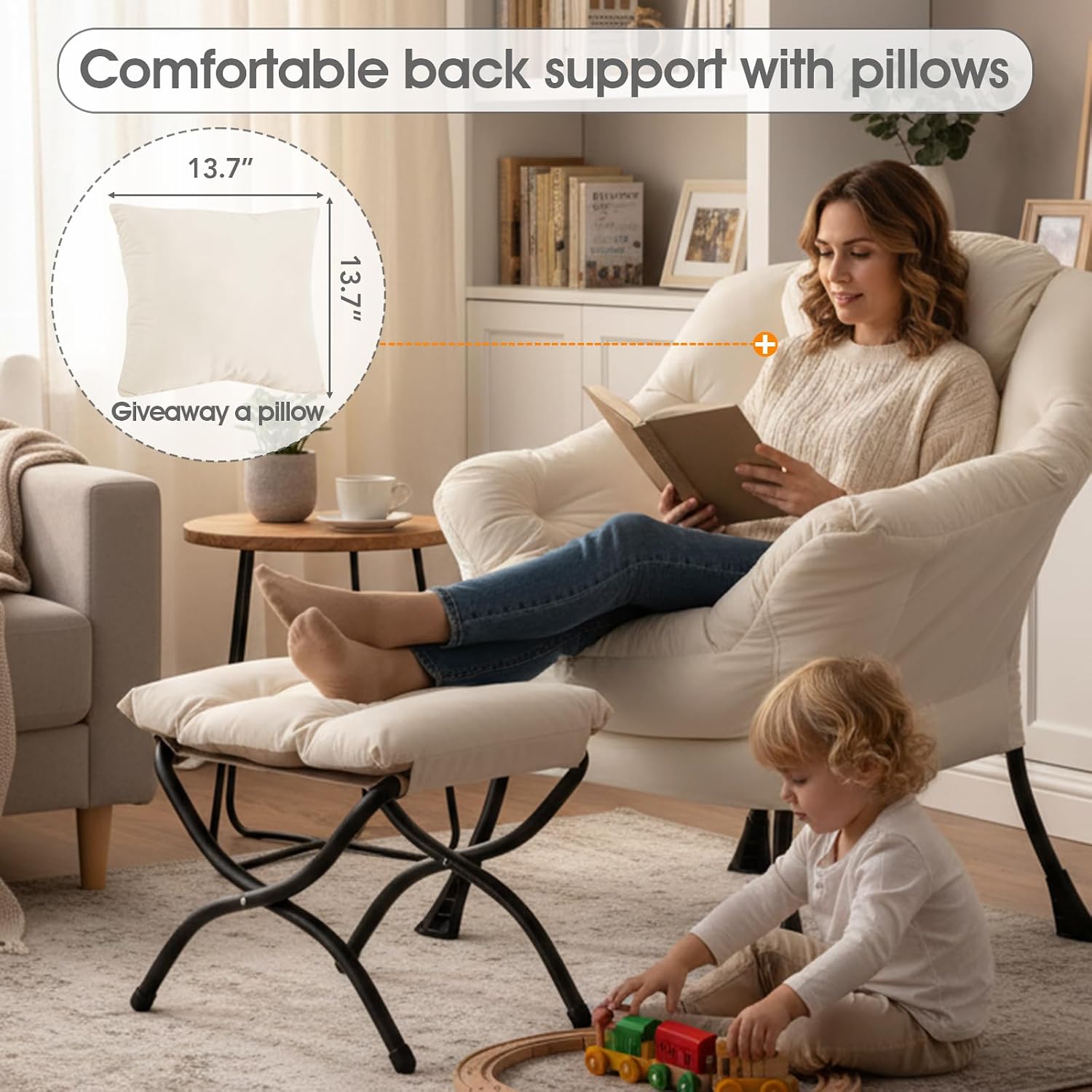 Lazy Chair with Ottoman, Large Accent Chair with Ottoman and a Throw Pillow, Beige Reading Chair for Living Room Bedroom Dorm Room Office Apartment Relaxing Use