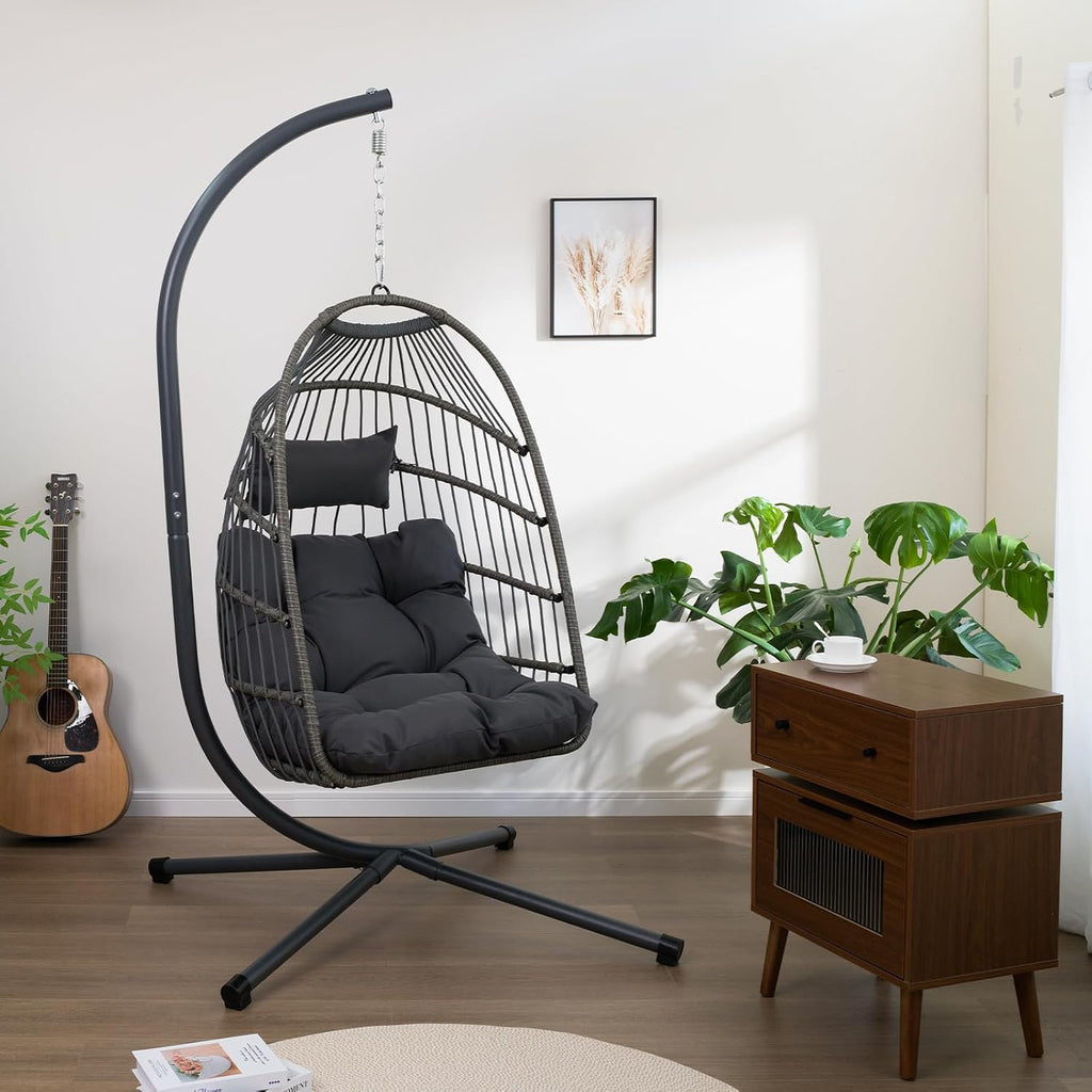Wicker Egg Chair with Stand, Indoor Outdoor Hammock Chair for Bedroom, Living Room, Balcony, Includes Cushion & Durable Steel Frame,350LBS Capacity (Black)