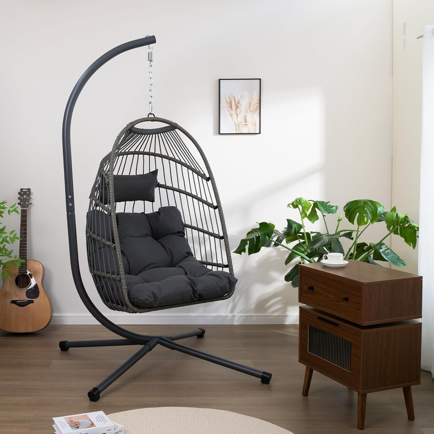 Wicker Egg Chair with Stand, Indoor Outdoor Hammock Chair for Bedroom, Living Room, Balcony, Includes Cushion & Durable Steel Frame,350LBS Capacity (Black)