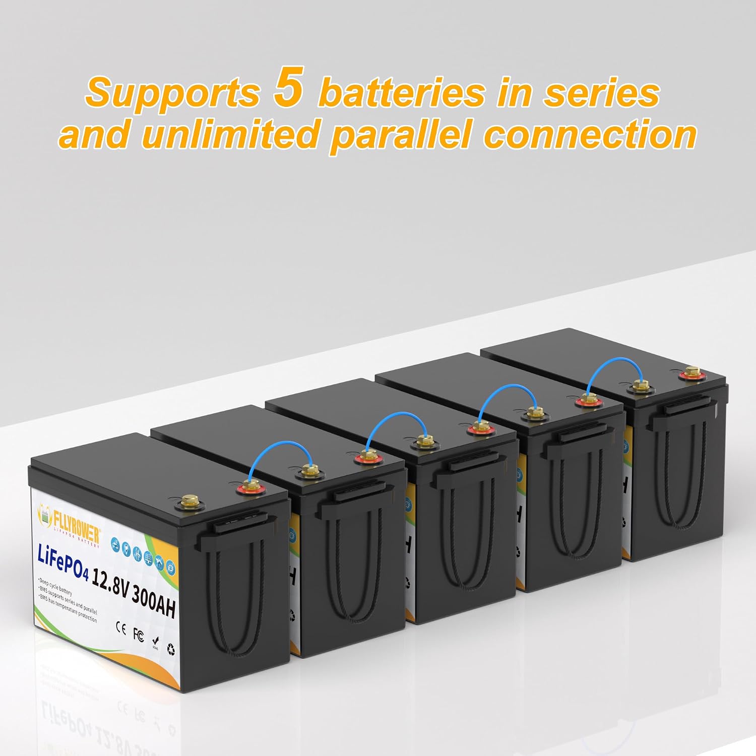 FLLYROWER 12V Lithium Battery 300AH With BMS and 16500 Deep Cycles 12V 300AH Lifepo4 Battery Grade A Cells for Marine Trolling Motor RV camping Solar Golf Cart Off-Grid