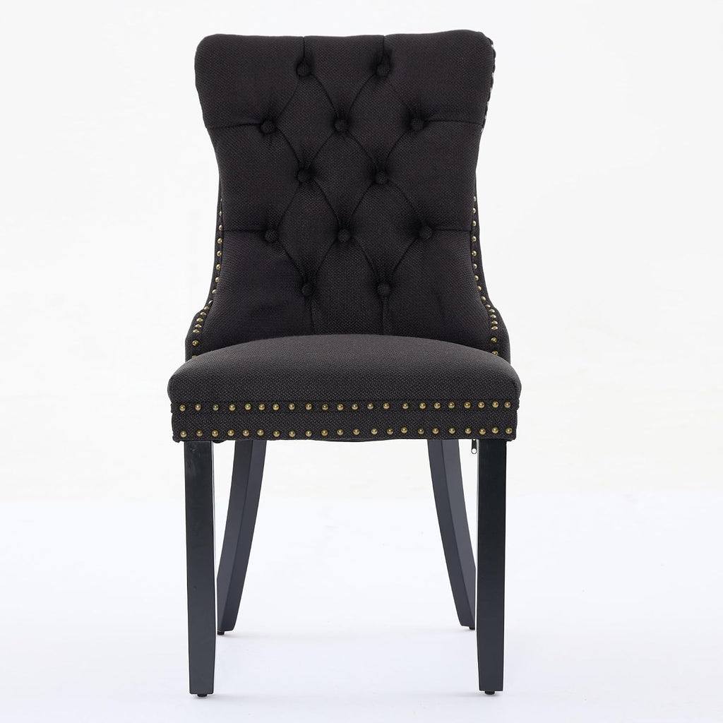 Ball & Cast Contemporary Upholstered Dining Chairs Set of 2, Flax Button Tufted Kitchen Side-Chairs with Hang Ring & Nailhead Trims & Wood Legs, 2-Piece Backrest Traditional Chair, Black+Black