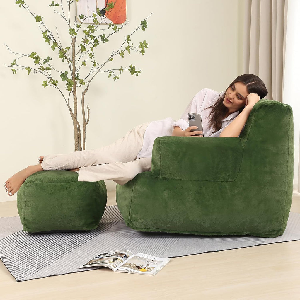 MOMCAYWEX Comfy Gaint Bean Bag Chair with Ottoman, Huge Bean Bag Armchair for Adults and Teens, Green